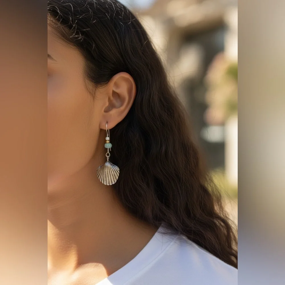 J. Jill Silver Shell Earrings with Green and Cream Accents